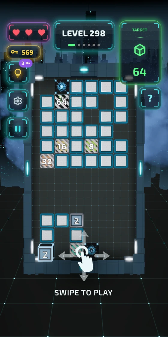 Binary Cube level 298: a twelve-row board with portals, fragile tiles and a target of 64