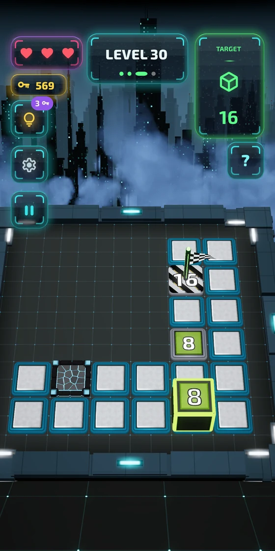 Level 30 mid-run, seen from the play camera: the cube has grown to 8 and the finish flag is two tiles away