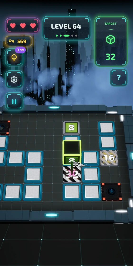A roll caught mid-air on level 64, with the doubling flash under the cube
