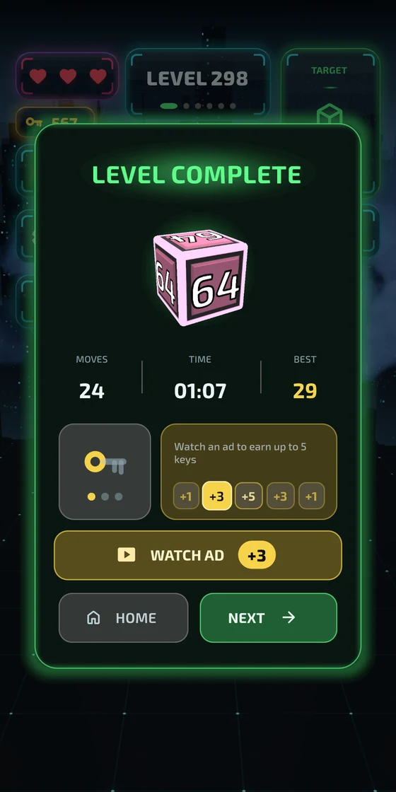 The level complete card with moves, time and best score
